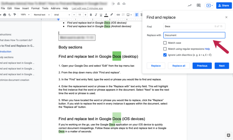 find and replace Google Docs